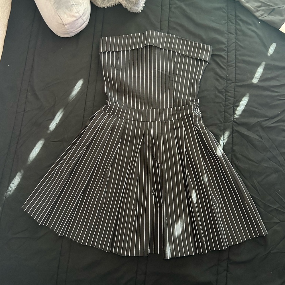 Black and White Striped Strapless Dress